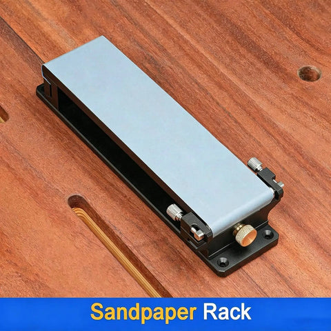 Top Shelf Aluminum Alloy Sandpaper Holder With Smooth Dual Knobs For A Dead Sure Grip Fits Standard 220x60mm Sheets Quick Setup For Woodworking Leather Work And Knife Sharpening Jobs on a wooden surface.