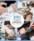 Premium 500 Piece Micro Screws Assortment Kit With M1.2 M1.4 M2 Tiny Fasteners, shown in use for glasses, watch, and laptop repair.