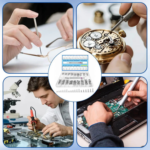 Premium 500 Piece Micro Screws Assortment Kit With M1.2 M1.4 M2 Tiny Fasteners, shown in use for glasses, watch, and laptop repair.