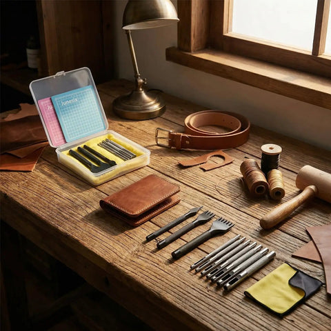 Leather Stitching And Hole Punch Set For DIY Leatherwork With Pro Grade High Carbon Steel Chisels And Hollow Punches on workbench