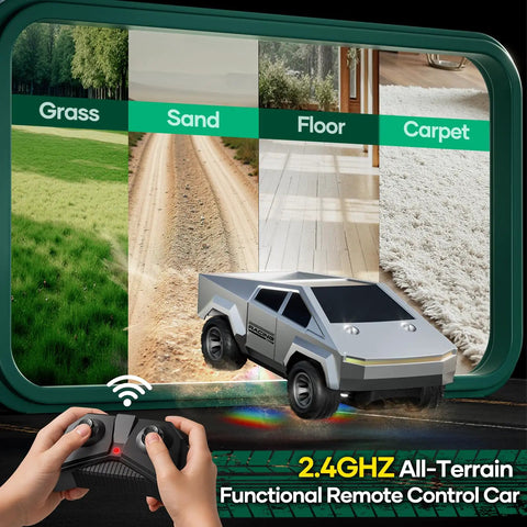All Terrain 1/24 Scale Remote Control Pickup RC Truck With 2.4GHz Radio 2WD Off Road on grass, sand, floor, carpet