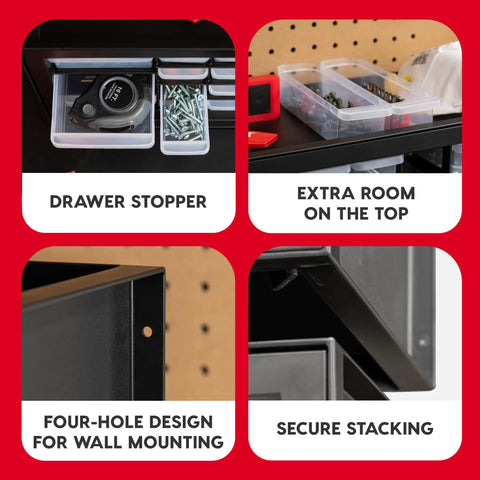 Close-up of 36 Drawer Parts Storage Cabinet for Garage and Workshop Built Tough Organizer features, wall mount holes
