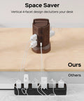 Power Strip Tower With 12 AC Outlets And 6 USB Ports, 6.5ft Extension Cord, Energy Saving Independent Switches, Vertical Charging Station That Kills Cable Clutter for Home Office Dorm And Desktop Computer Setup, showing vertical design on desk with comparison to traditional strip.