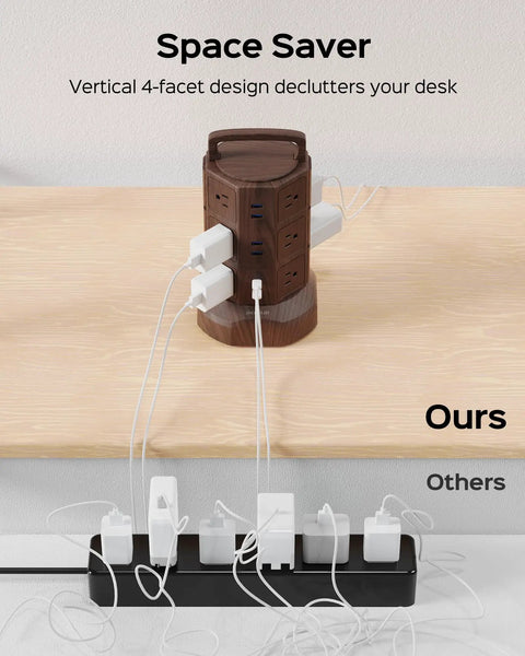 Power Strip Tower With 12 AC Outlets And 6 USB Ports, 6.5ft Extension Cord, Energy Saving Independent Switches, Vertical Charging Station That Kills Cable Clutter for Home Office Dorm And Desktop Computer Setup, showing vertical design on desk with comparison to traditional strip.