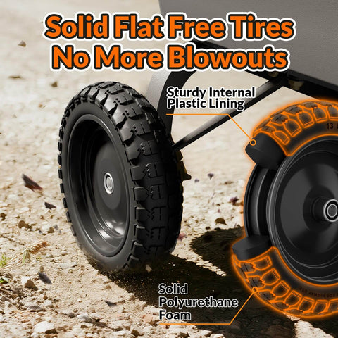 Solid Flat Free Tire And Wheel Set 4.00-6 For Garden Cart, Wheelbarrow, And Hand Truck, showing durable polyurethane foam.