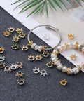 50 Pack Mini Crown Charms For DIY Jewelry Making, dope mixed color vintage 3D alloy king crowns with large hole displayed with bracelets