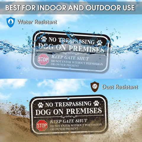 Badass Yard Setup 12 X 6 Inch No Trespassing Dog On Premises Sign 2 Pack water and dust resistant heavy aluminum signs.