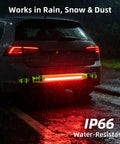 Car in rain with Two Pack Rechargeable LED Work Light Set, 3000 Lumens Portable Mechanic Light With Magnetic Base glowing red
