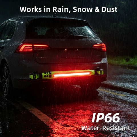 Car in rain with Two Pack Rechargeable LED Work Light Set, 3000 Lumens Portable Mechanic Light With Magnetic Base glowing red