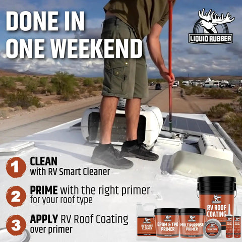 Person installing RV Roof Sealant For Travel Trailers And Campers, Professional Grade Solar Reflective Flexible Waterproof Membrane Coating For EPDM TPO Fiberglass And Aluminum Roofs, Brilliant White, 1 Gallon on RV roof