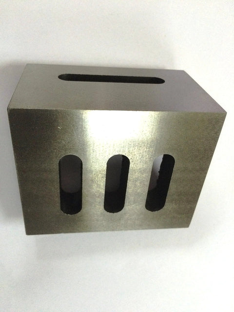 Cast iron slotted angle plate, 3 x 2 x 2.5 in, stress-relieved, front view with three vertical slots.