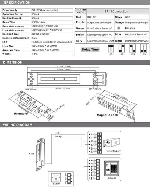 2600lb Magnetic Lock With Concealed Mount 12VDC Electric Shear Lock specifications and wiring diagram for 90 or 180 degree doors