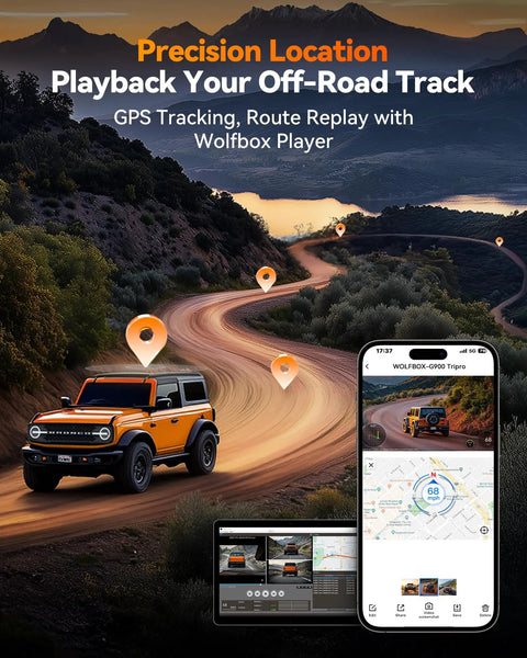 SUV driving on a winding dirt road with GPS locations, featuring G900 Tripro 3 Channel 4K Mirror Dash Cam interface on mobile and laptop.