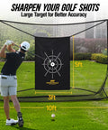 Heavy Duty Golf Practice Net 10x7ft With Noise Reducing Silk Target for backyard setup, golfer preparing to swing