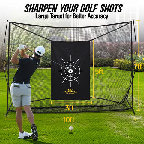 Heavy Duty Golf Practice Net 10x7ft With Noise Reducing Silk Target for backyard setup, golfer preparing to swing
