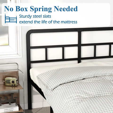 Built Tough 18 Inch Queen Metal Bed Frame With Attached Headboard, Zero Squeak Noise Free Design, Quick Snap Together Assembly, Heavy Duty Black Powder Coated Finish For Roomy Underbed Storage Solutions with sturdy steel slats.