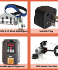 Heavy Duty Variable Speed Bench Belt Sander Beefed Up Workhorse For Metalworking And Knife Making Includes Grinding Discs And Mounting Base Runs Slick With 2200 Watt Motor parts including belts, suitable plug, speed regulator, and machine.