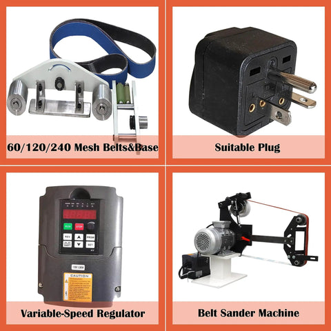 Heavy Duty Variable Speed Bench Belt Sander Beefed Up Workhorse For Metalworking And Knife Making Includes Grinding Discs And Mounting Base Runs Slick With 2200 Watt Motor parts including belts, suitable plug, speed regulator, and machine.