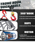 Orange 3-in-1 electric hoist winch with galvanized steel rope and red hook; 1500W, 1500 lb capacity, wired/remote.