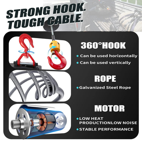 Orange 3-in-1 electric hoist winch with galvanized steel rope and red hook; 1500W, 1500 lb capacity, wired/remote.