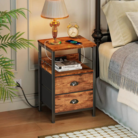 Sleek Rustic Brown Nightstand With Built In Charging Station And Two Fabric Drawers A Legit Game Changer For Dorm Rooms featuring a lamp and phone