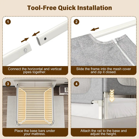 Tool-free installation steps for King Size Toddler Bed Rails 3-Piece Set With Corner Cushions, Heavy-Duty U-Shaped Base.