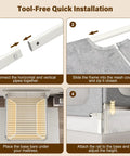 Installation steps for Queen Size Toddler Bed Rails 3 Piece Set With Corner Cushions showing tool-free assembly in four parts.