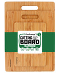 Bamboo Cutting Board Set of 3 for Kitchen showing three nested boards with handle cutouts and packaging label