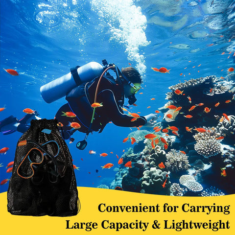Three Piece Mesh Dive Bag Set With Drawstring Organizers For Snorkeling Gear Swimming Gear Beach Toys And Camping Clothes Built Tough And Ready To Go Durable Mesh Storage Bags In Blue Orange And Black 18 By 27 And A Half Inches bag with underwater scene