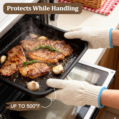 932F Heat Resistant Oven And Grill Gloves For BBQ Grilling Baking And Welding With Cut Resistant Aramid Fiber Protection Non Slip Grip Easy On Off Durable White 1 Pair 2 Pieces Set, handling hot baking tray with meat in oven.