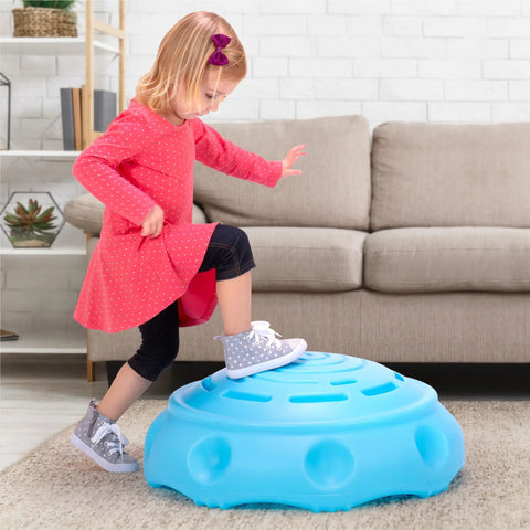 Child playing on Two Sided Rock Around Wobble Disk And Climbing Dome For Toddlers And Kids, Rocking And Climbing Fun, Blue