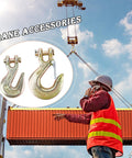 4 Piece 3/8 Inch Clevis Slip And Grab Hook Set With Safety Latch, heavy duty forged steel G70 hooks in crane operation.