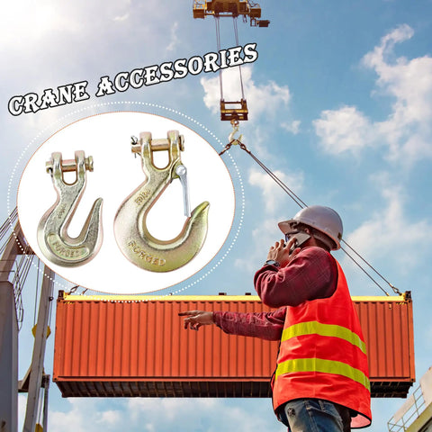 4 Piece 3/8 Inch Clevis Slip And Grab Hook Set With Safety Latch, heavy duty forged steel G70 hooks in crane operation.