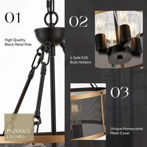 Dope Black And Gold Mesh Drum Chandelier Semi Flush Mount Ceiling Light Six Light Fixture with black metal pole detail