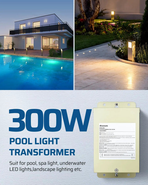 300W Low Voltage Pool Light Transformer 120V AC to 12V, 13V, or 14V AC Multi Tap No Fuss Safety Power Supply shown with pool at night
