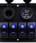 Waterproof Marine Four Gang Rocker Switch Panel With Dual USB Ports Cigarette Lighter And LED Blue Light For Car RV Boat Truck 12V 24V DC Heavy Duty ABS IP68 close-up
