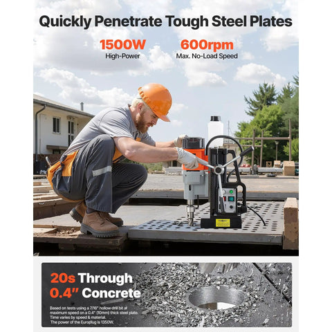 Heavy Duty Magnetic Drill Press 1550W Featuring Badass Magnetic Base And No Sweat 0 To 600 Rpm Control For Killer 2 Point 4 Inch Core Cutting in action on steel.