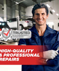 Auto repair professional in blue uniform holding a wrench, standing in a car workshop with text overlay 'High-Quality & Professional Repairs.'