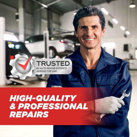 Auto repair professional in blue uniform holding a wrench, standing in a car workshop with text overlay 'High-Quality & Professional Repairs.'