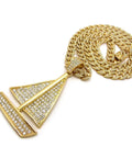 Gold Tone Sailing Yacht Pendant On 10mm Cuban Chain Necklace, 30 Inch Iced Out Bling Jewelry For Men, Ocean Yacht Pendant displayed flat