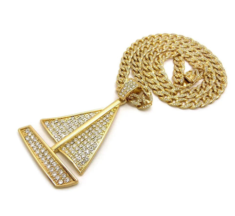 Gold Tone Sailing Yacht Pendant On 10mm Cuban Chain Necklace, 30 Inch Iced Out Bling Jewelry For Men, Ocean Yacht Pendant displayed flat