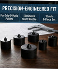 Outanaya 6pcs Heavy Duty Conical Shaft Protector Caps For Grip-O-Matic Pullers on wooden surface, showing sturdy black metal design.