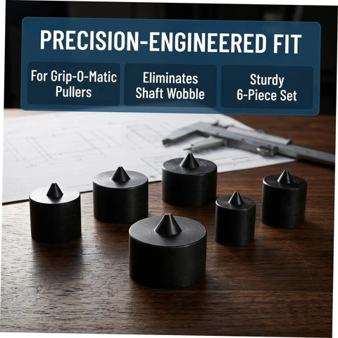 Outanaya 6pcs Heavy Duty Conical Shaft Protector Caps For Grip-O-Matic Pullers on wooden surface, showing sturdy black metal design.