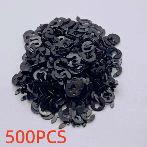 500 piece pack of External Heavy Duty E Clip Retaining Rings for 3mm Shafts, carbon steel with black oxide finish for machinery use