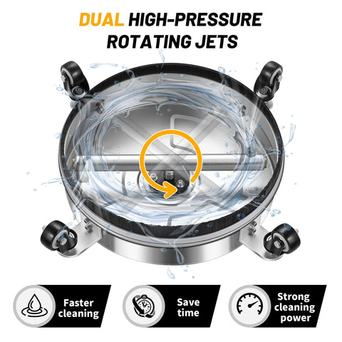 Bottom view of 14 Inch Pressure Washer Surface Cleaner With Four Wheels Stainless Steel Construction showing dual rotating jets.