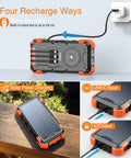 Solar Charger Power Bank With Built In Cables And 42800mAh Battery showing four charging methods, USB-C input, solar panel, iOS input.