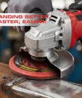 Worker using angle grinder with Ceramic Flap Discs For Angle Grinder Four And A Half Inch Diameter By Five Eighth Inch Eleven Thread Type Twenty Nine Tough As Nails Abrasive Grinding Wheel And Flap Sanding Disc For Stainless Steel And Metal Ten Pack on metal surface