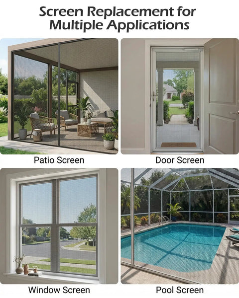 Six Piece Window And Door Screen Replacement Repair Kit With Charcoal Fiberglass Mesh Vinyl Spline Tools for patio, door, window, and pool applications.