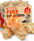 Box of 72 fire starters with flames, labeled 'Fire Starters,' featuring the text: Waterproof 72 Pack Fire Starters For Campfires Grills And Camping Easy Light Wood Charcoal Start Grab And Go Quick Ignite Fire Starter Cubes For Outdoor Cooking Stoves Fire Pit And Survival.