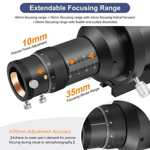 Close-up of the 60mm Guide Scope Finder Kit with 1.25 Inch Double Helical Focuser showing focusing range and adjustment accuracy.